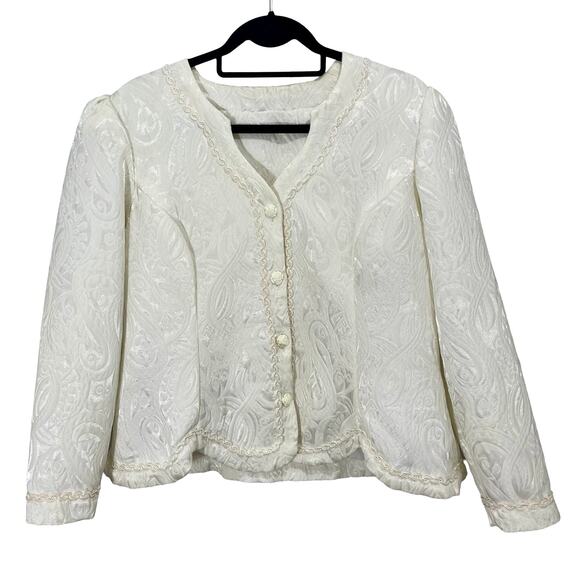 Vintage 90s Handmade Cream Floral Jacquard Blazer Jacket XL - Picture 1 of 12